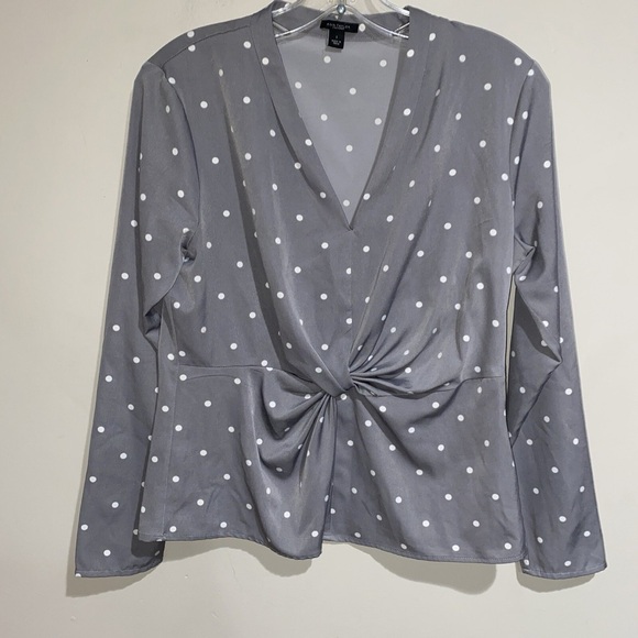 EUC Ann Taylor Charcoal Polka Dot Twist Blouse w/Long Sleeves V Neck LOVELY - Picture 11 of 14